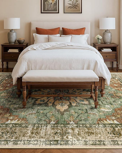 RELEANY Area Rugs Large 10'x14' Washable Non-Slip, Floral Vintage Distress Medallion Carpet for Living Room Bedroom Dining Room, Terracotta Burnt Orange Green