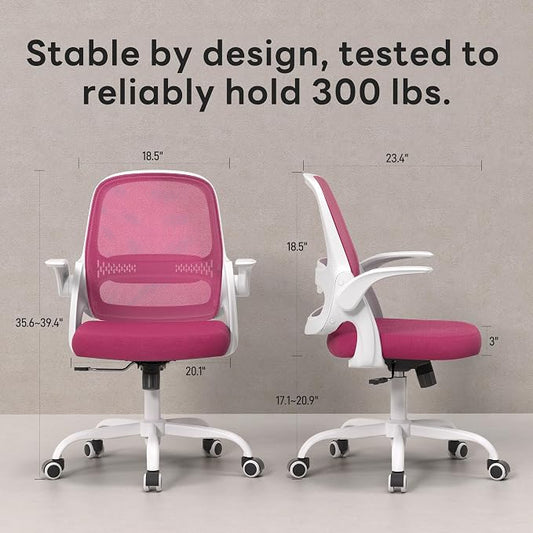 amseatec Office Chair，Ergonomic Mesh Desk Chair,Flip-Up Arms,Adjustable Height,Breathable Mesh Back & Thick Cushion Seat,360°Swivel Rolling Computer Chair,BIFMA Certified,Supports 300 lbs(Pink)