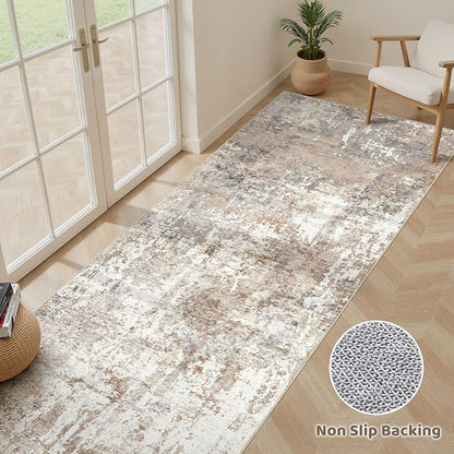 Runner Rug Kitchen Washable Rugs: 2x8 Non-Slip Abstract Soft Modern Stain Resistant Indoor Floor Neutral Accent Throw Carpet for Hallway Bathroom Laundry Room Entryway Bedroom- Brown