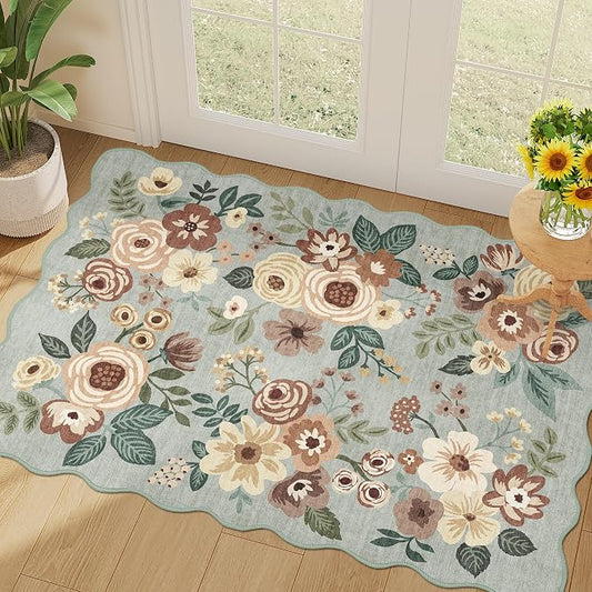 DUKINO 2x3 Entryway Rug, Floral Washable Indoor Door Mat with Non-Slip Backing, Soft Low Pile Small Front Door Throw Rugs for Entryway, Kitchen, Bedroom, Laundry, Bathroom, Sage Green