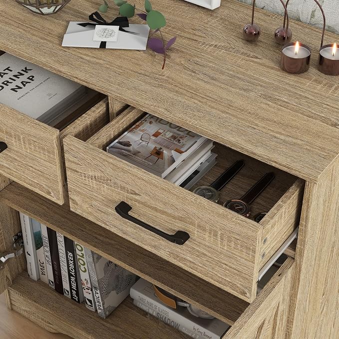 Panana Sideboard 2 Drawers 2 Doors Entryway Storage Cabinet Living Room Organizer Farmhouse Style Wooden Kitchen Cupboard (Nature)