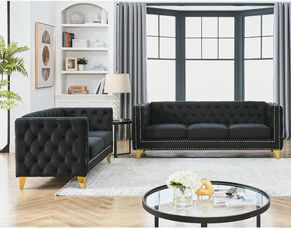 mikibama 2PC Velvet Sofa Couch Set for Living Room,Button Tufted 3 Seater Sofa and 2 Seater Loveseat Couch,Modern Upholstered Sofas with Nailhead Trims,Golden Metal Legs for Bedroom