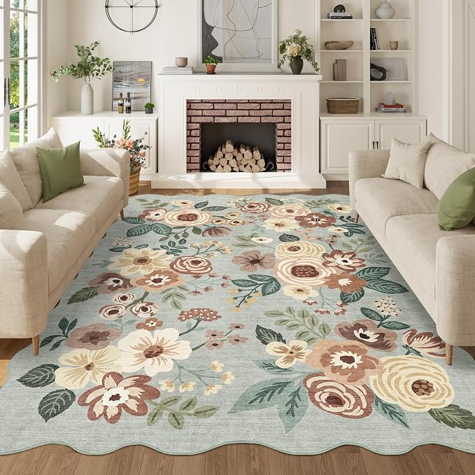 DUKINO 5x7 Area Rug, Floral Washable Rugs for Living Room with Non Slip Backing & Non-Shedding, Lightwight Low Pile Boho Design Large Carpets for Bedroom, Living Room, Dining Room, Sage Green