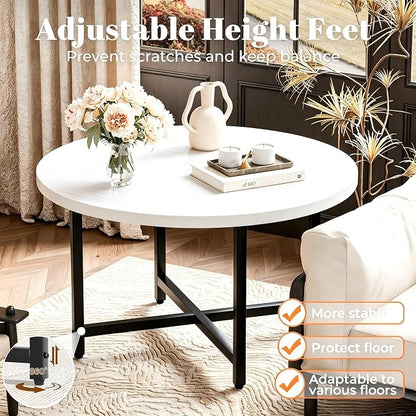 FAMIDGE Round Coffee Table, Small Coffee Tables for Living Room, Low Wood Coffee Table with Metal Frame, Floor Table Desk for Sitting on The Floor, Home, Office, White(23.6" D x 17.7" H)