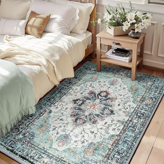 RELEANY Area Rugs 3'x4' Washable Non-Slip, Floral Vintage Distress Medallion Carpet for Living Room Bedroom Dining Room, Green Navy Blue White Red Teal