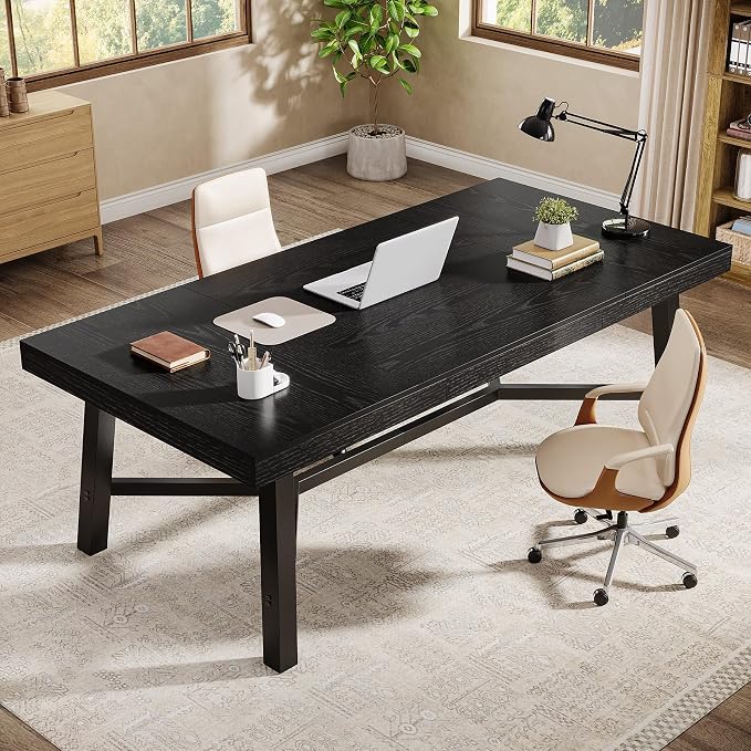 Tribesigns 71-Inch Executive Desk, Farmhouse Office Computer Desk with Sturdy Leg Structure, Rectangular Writing Table Business Furniture for Home Office, Black