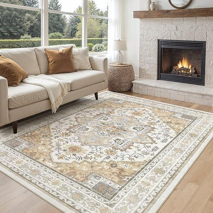 UERMEI 6x9 Area Rug for Living Room - Washable Vintage Carpet, Non-Slip Soft Large Indoor Floor Rugs for Bedroom Home Office & Under Dining Table Decor, Brown Beige