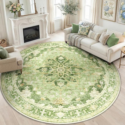 RELEANY Area Rugs Round 8ft Washable Non-Slip, Floral Vintage Distress Medallion Carpet for Living Room Bedroom Dining Room, Sage Green Yellow