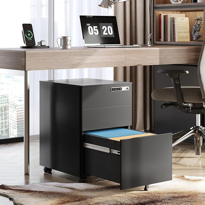 DEVAISE 3 Drawer File Cabinet with Combination Lock, Fully Assembled Metal Filling Cabinet Except Wheels, Mobile Under Desk File Cabinets for Home Office, Black