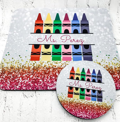 Personalized Teacher Mousepad and Coaster Desk Set Gift for Teachers Appreciation Back to School Classroom Decor Custom Handmade by The Painted Pug (Rainbow Crayon)