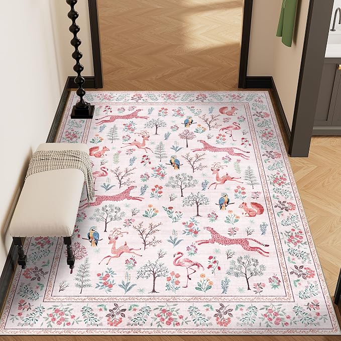 DUKINO 4x6 Rug, Washable Animal Area Rug with Non Slip Vintage Design, Indoor Soft Low Pile Carpet for Bedroom, Nursery, Dining Room, Farmhouse, Playroom, Pink