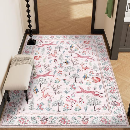 DUKINO 4x6 Rug, Washable Animal Area Rug with Non Slip Vintage Design, Indoor Soft Low Pile Carpet for Bedroom, Nursery, Dining Room, Farmhouse, Playroom, Pink