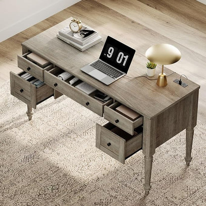 WAMPAT Home Office Furniture Set, 56'' Executive Desk with Charging Station, 72" Tall Bookcase with 4 Glass Doors, Wood Computer Desk with File Cabinet Storage, Open Shelf, Wash Grey