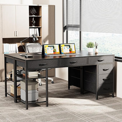 Huuger Computer Desk with 6 Drawers, Office Desk with Shelves, Reversible Gaming Desk, Corner Desk with Storage, Work for Home Office, Study, Living Room, 54inch, Black