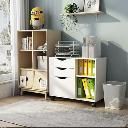 QDSSDECO 3-Drawer with Shelf Wood File Cabinet Mobile Lateral Filing Cabinet, with Rolling Wheel Printer Stand and Open Adjustable Storage Shelves, for Home Office, White