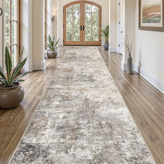 UERMEI 3x14 Washable Runner Rug for Hallway, Non Slip Low Pile Kitchen Carpet, Neutral Modern Abstract Indoor Floor Mat for Entryway Laundry, Kid & Pet Safe High Traffic Area, Brown Grey