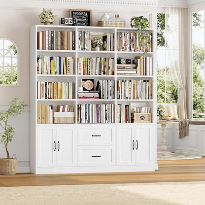 HOSTACK 71" Tall Triple Wide Bookshelf with Doors & Drawers, Modern Wood Bookcase for Storage, 6-Tier Large Bookcase with Display Shelves, Space-Saving Bookshelf for Living Room, Home Office, White