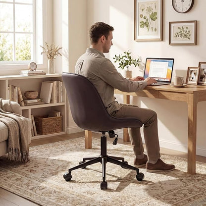 Rowill Modern Office Chair - Ergonomic Swivel Leather Desk Chair with Curved Backrest, Height Adjustable Rolling with Wheels, Perfect for Study Room & Office, Brown