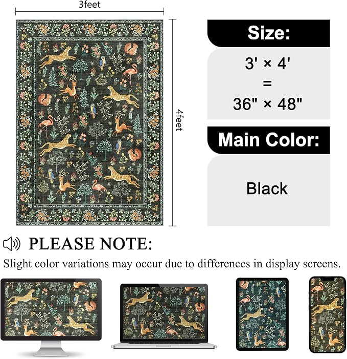 DUKINO 3x4 Washable Entryway Rug, Vintage Animal Ultra Soft Kitchen Area Rug with Non Slip Backing, Low Pile & Stain Resistant Indoor Door Mat for Bathroom, Bedroom, Laundry Room, Office, Black