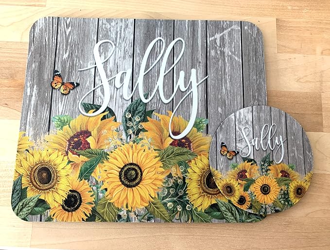 Sunflower Personalized Mouse Pad and Coaster Custom Desk Set Teacher Appreciation Coworker Gifts Office Decor Cute Accessories for Women Her Handmade (Sunflower Barnwood)