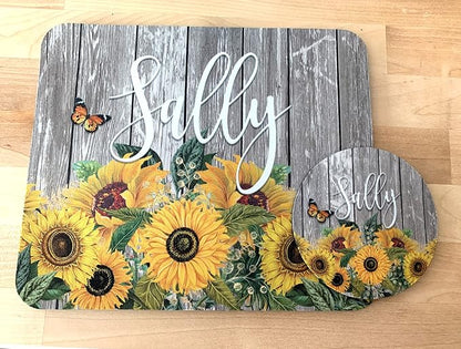 Sunflower Personalized Mouse Pad and Coaster Custom Desk Set Teacher Appreciation Coworker Gifts Office Decor Cute Accessories for Women Her Handmade (Sunflower Barnwood)