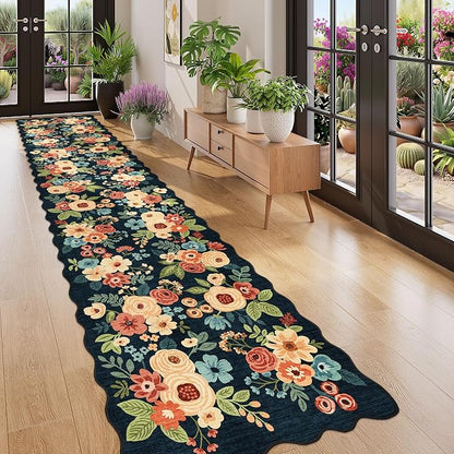 DUKINO 2.6x12 Runner Rug for Hallway, Non Slip Floral Washable Kitchen Rug with Low Pile Design, Boho Stain Resistant Floor Carpet Runner for Entryway, Bathroom, Laundry, Bedroom, Navy Blue
