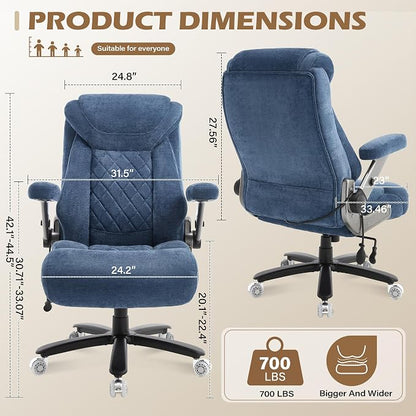 Fabric 700lbs Big and Tall Office Chair, Ergonomic Heavy Duty Executive Cloth Office Chair with 5D Flip Arms & Adjustable Lumbar Support & Dual Rubber Wheel, Large Thick Padded Extra Wide Seat, Blue