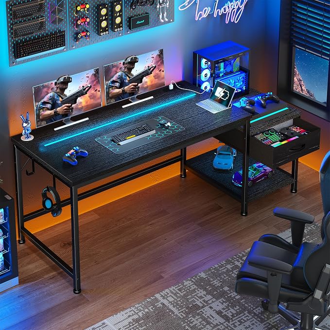DurayLoly 48.1'' Gaming Desk with Printer Shelf & LED Lights, Reversible Computer Desk with Power Outlets & Drawers, Gaming Table with Hooks for Headphone,Small Desk for Teens, Bedroom & Dorm,Black