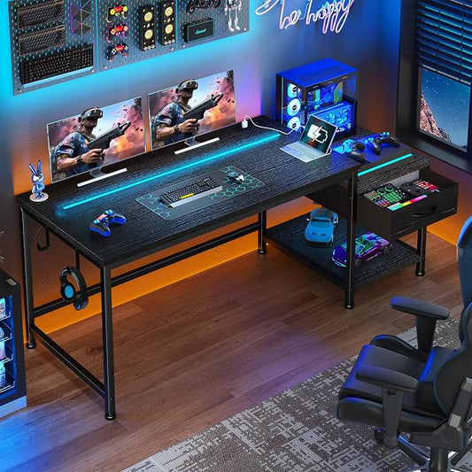 DurayLoly 48.1'' Gaming Desk with Printer Shelf & LED Lights, Reversible Computer Desk with Power Outlets & Drawers, Gaming Table with Hooks for Headphone,Small Desk for Teens, Bedroom & Dorm,Black
