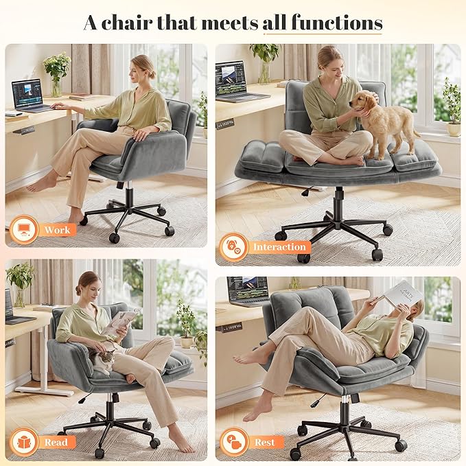 Criss Cross Chair with Wheels, Ergonomic Office Chair with Adjustable Armrests, Vanity Chair with Back for Bedroom, Makeup Room and Office Room, Grey