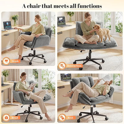 Criss Cross Chair with Wheels, Ergonomic Office Chair with Adjustable Armrests, Vanity Chair with Back for Bedroom, Makeup Room and Office Room, Grey
