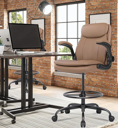 Misolant Leather Drafting Chair, Tall Office Chair for Standing Desk, High Executive Office Chair with Adjustable Height and Flip-up Armrest for Counter Height Desk