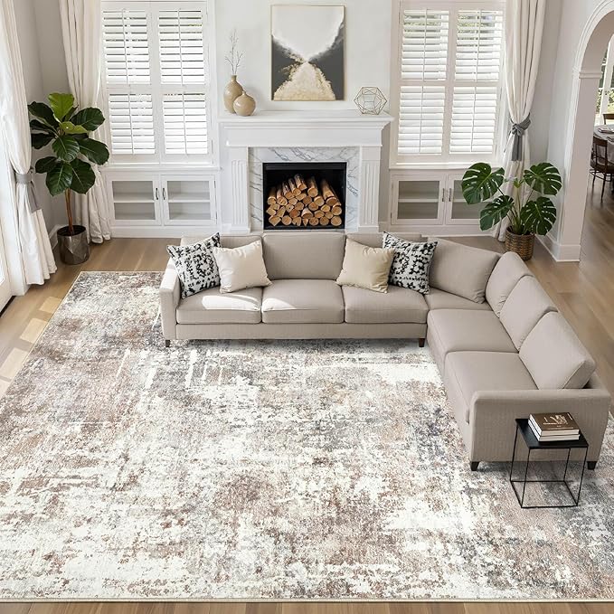 12x18 Rug Living Room: Washable Extra Large Abstract Modern Soft Area Rug Stain Resistant Indoor Floor Non-Slip Accent Carpet for Bedroom Nursery Playroom Office Dining Room Home House- Brown
