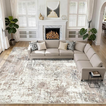 Large Area Rugs 12x15: Washable Abstract Modern Soft Rug Stain Resistant Indoor Floor Non-Slip Accent Carpet for Living Room Bedroom Nursery Playroom Dining Room Office Dorm Home House- Brown