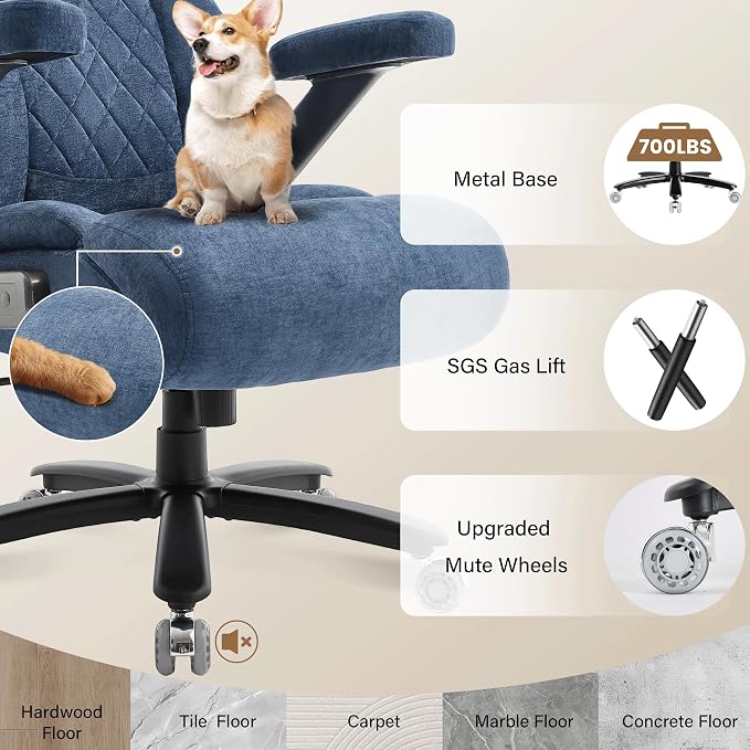 Fabric 700lbs Big and Tall Office Chair, Ergonomic Heavy Duty Executive Cloth Office Chair with 5D Flip Arms & Adjustable Lumbar Support & Dual Rubber Wheel, Large Thick Padded Extra Wide Seat, Blue