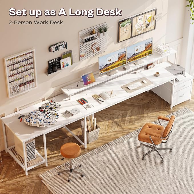 PRAISUN 66" L Shaped Gaming Desk with LED Lights & Power Outlets, Computer Desk with Fabric Drawers and Print Stand, Corner Office Desk, Monitor Stand, Mesh CPU Stand, White