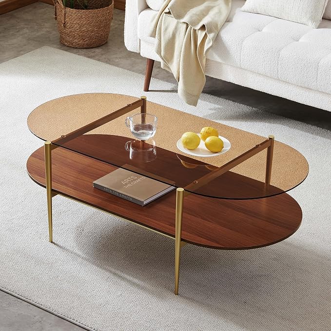 LumFurn X-Large Oval Glass Coffee Table, Mid-Century Modern Design, L47 x W24 x H17 inch, for Living Room, Amber Glass Top and Walnut Finish Wood Shelf, Conical Legs with Gold Finish Frame