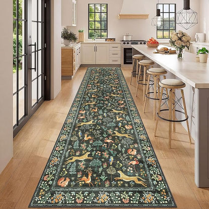DUKINO 3x12 Runner Rug, Non Slip Animal Print Runner Rug for Hallway, Vintage Low Pile & Stain Resistant Soft Indoor Long Carpet Runner for Kitchen, Bathroom, Laundry, Bedroom, Black