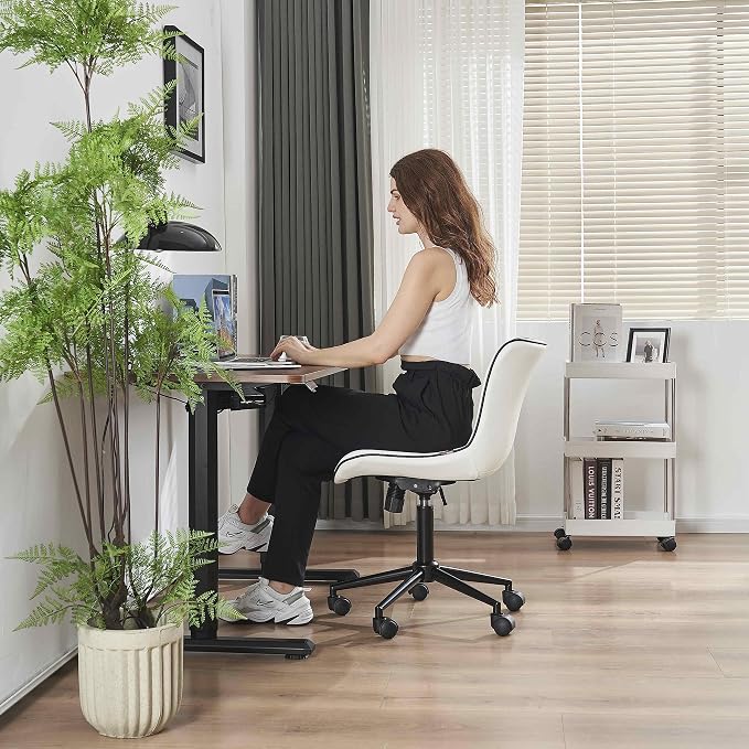 YOUNIKE White Armless Office Chair Faux Leather Small Cute Desk Chair with 12° Rocking Back Adjustable Height Swivel Vanity Chair Ergonomic Compact Home Computer Rolling Task Chair for Small Spaces