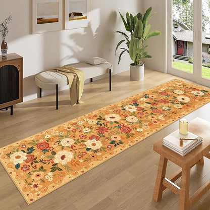 DUKINO 2x8 Runner Rug for Hallway, Washable Kitchen Runner Rug with Rubber Backing Non Slip, Low Pile Soft Boho Floral Thin Carpet for Entryway, Hallway, Bathroom, Laundry Room, Orange