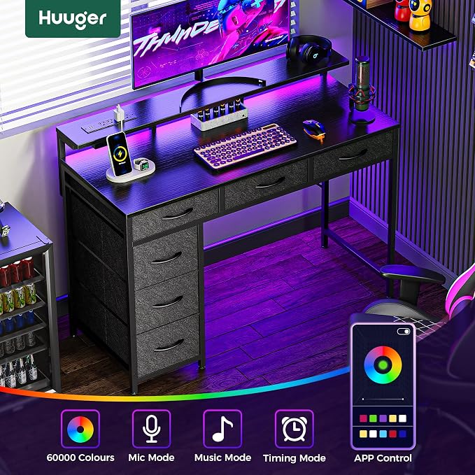 Huuger Gaming Desk with 6 Drawers, Computer Desk with LED Lights Power Outlets and Type-C, 39 Inch Office Desk with Storage, Monitor Stand, Writing Desk Work Desk Home Office, Bedroom, Black, 1CD100B