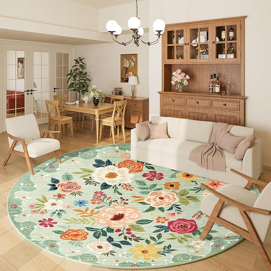 DUKINO Floral Round Rug, 6ft Washable Circle Rug, Non Slip Indoor Low Pile Circle Rug, Soft Small Boho Design Carpet for Bedroom, Entryway, Living Room, Dining Room, Green