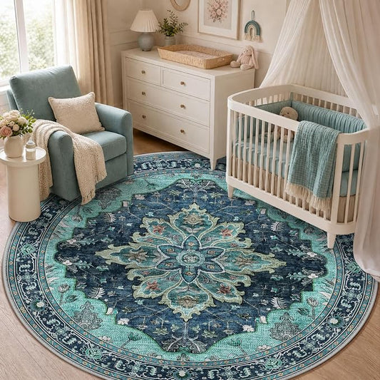 RELEANY Area Rugs Round 5ft Washable Non-Slip, Floral Vintage Distress Medallion Carpet for Living Room Bedroom Dining Room, Teal Green Lake Blue Turquoise