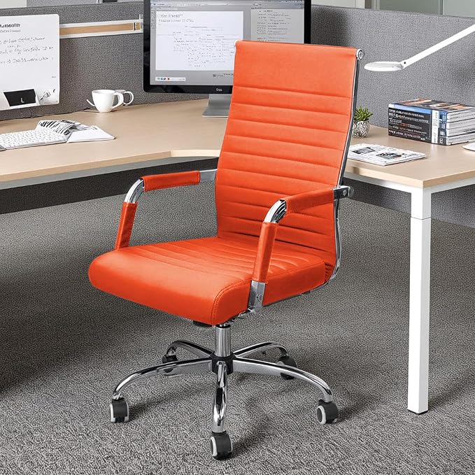 KaiMeng Ribbed Office Desk Mid Back Computer Chair Height Adjustable Conference Executive Task Swivel PU Leather (Orange)