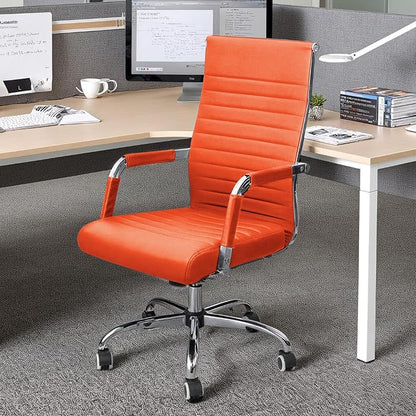 KaiMeng Ribbed Office Desk Mid Back Computer Chair Height Adjustable Conference Executive Task Swivel PU Leather (Orange)