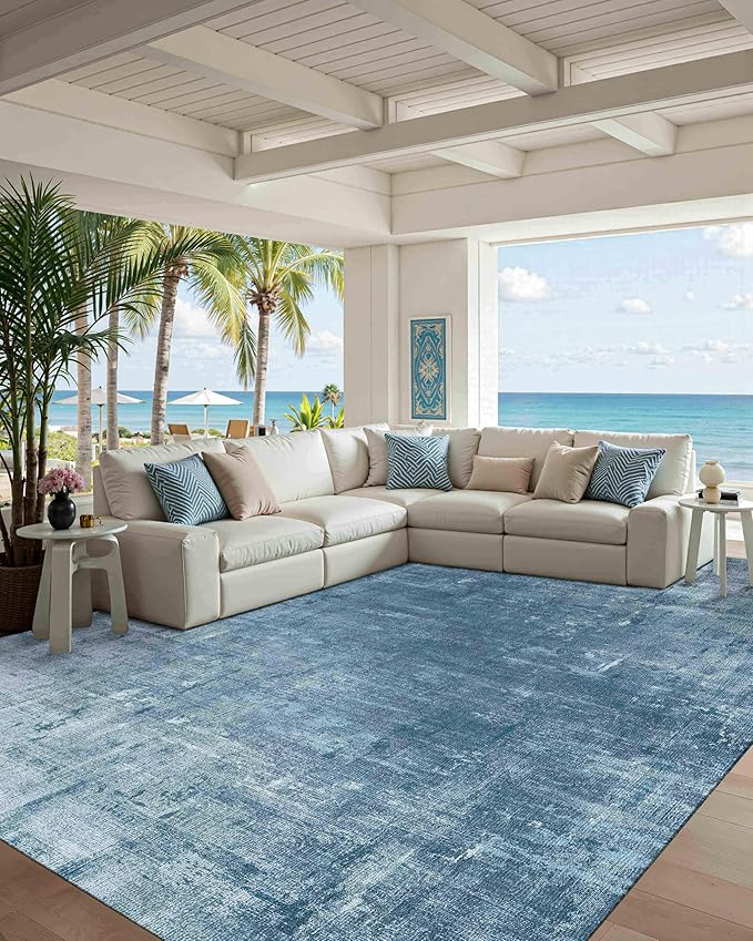 Latte&Fog 6x9 Area Rugs for Living Room Bedroom, Blue Modern Abstract Neutral Washable Rug, Boho Non Slip Low Pile Carpet for Dining Room, Dorm, Classroom, College Dorm, Farmhouse and Kids Room - Blue