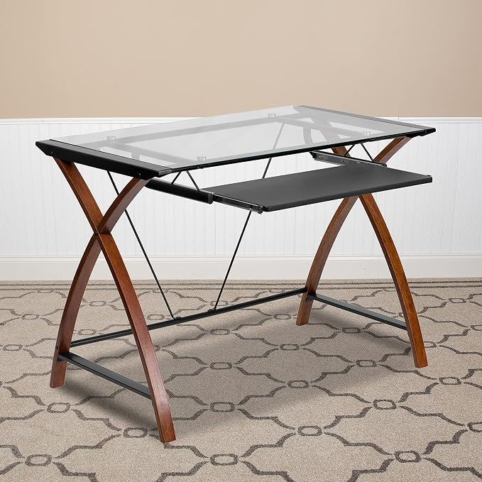 EMMA + OLIVER Glass Computer Desk with Pull-Out Keyboard Tray