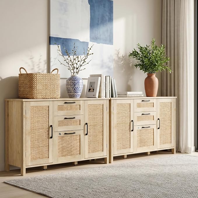 Lateral File Cabinets for Home Office, 3 Drawer and 2 Doors Filing Cabinet with Lock, Wide Rattan Filing Organization Storage Cabinets with Printer Stand for Hanging Files/A4/F4 Size, Natural Wood