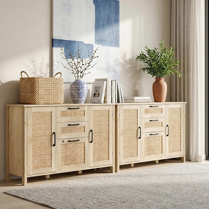 Lateral File Cabinets for Home Office, 3 Drawer and 2 Doors Filing Cabinet with Lock, Wide Rattan Filing Organization Storage Cabinets with Printer Stand for Hanging Files/A4/F4 Size, Natural Wood