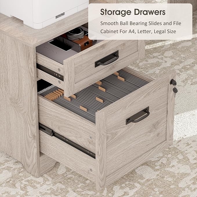 Whalefall 63'' Farmhouse L Shaped Desk with Monitor Stand Shelves, Gray | Corner Computer Desk with Drawers, Executive Home Office L Desk with File Cabinet Storage and Charging Station